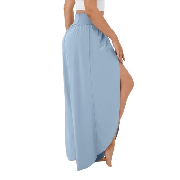 High Waisted Back Waistband Pocket Palazzo Flowy Split Wide Leg Casual Pants Ice - Picture 3 of 11